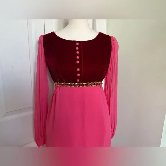 1970s Fuchsia Pink and Red Velvet Holiday Cottagecore Maxi Dress - Picture 3 of 15
